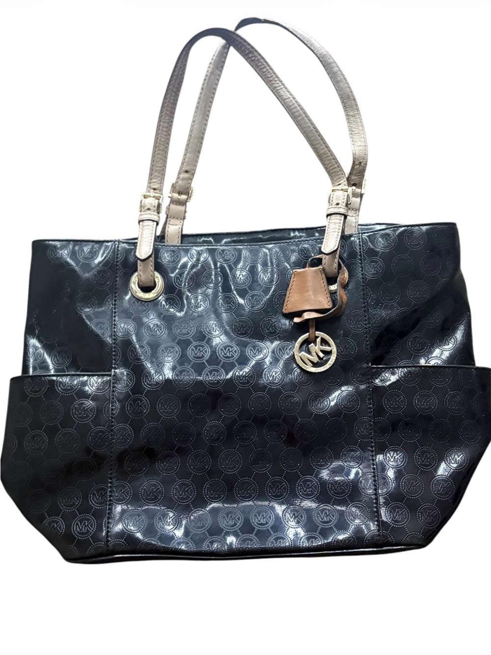 Michael Kors Black MK-Print Tote with Tan Accents